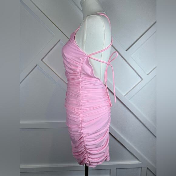 NWOT Lulus Confident Allure Light Pink Ruched Lace-Up Bodycon Mini Dress Small - Picture 5 of 12